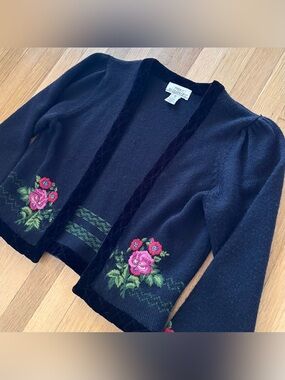 Vintage Floral Embroidered Wool Cardigan Medium Velvet Lined Open Front Rare
